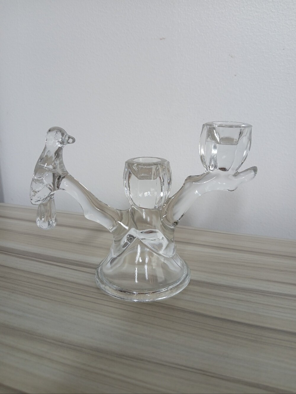 Vintage Clear Glass Bird on Branch Double Candlestick Taper Holder Candelabra